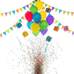Colorful balloons, confetti, and gifts isolated on transparent background