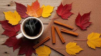 Cozy autumn morning with a steaming cup of coffee surrounded by colorful fall leaves and cinnamon sticks perfect for seasonal promotions and warm beverage advertising
