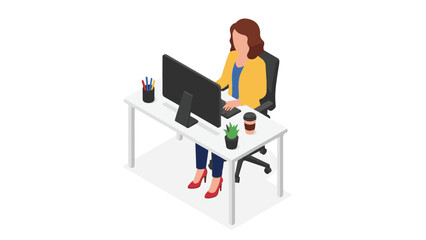 Female employee focused on work at modern office desk with computer