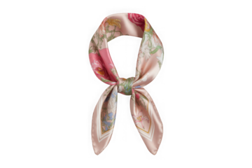  Elegant floral print silk scarf tied in a knot, isolated on transparent background