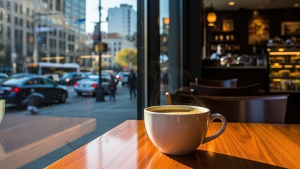 Steaming cup of coffee on a wooden table inside a cafe with a blurred city street view through the window perfect for morning routines and urban lifestyle concepts