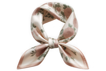 Classic cream and pink floral square scarf tied gracefully isolated on transparent background