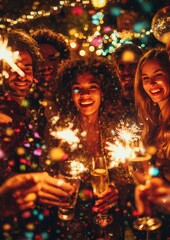 Friends celebrating new year's eve with sparklers and champagne