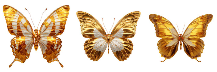 Set of A fragile butterfly with luminous golden wings, floating softly in mid-air, set against on transparent png background. Ai generated