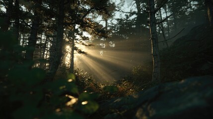 Obraz premium forest dawn light filtering through fog, ultra realistic nature photography, no people