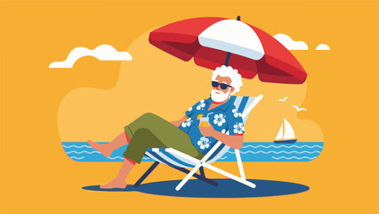 Elderly Man Relaxing on a Beach Chair with Cocktail Under an Umbrella
