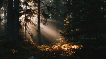 Fototapeta premium forest dawn light filtering through fog, ultra realistic nature photography, no people
