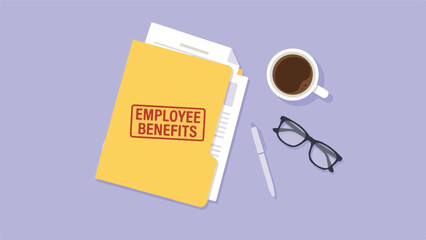 Employee Benefits Documents with Coffee, Pen, and Glasses Flat Lay