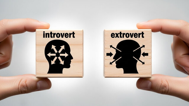 Hands holding wooden blocks contrasting introvert and extrovert personalities