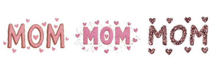 Set of Bright wooden letters spelling "MOM" with pastel decorations on transparent png background. Ai generated