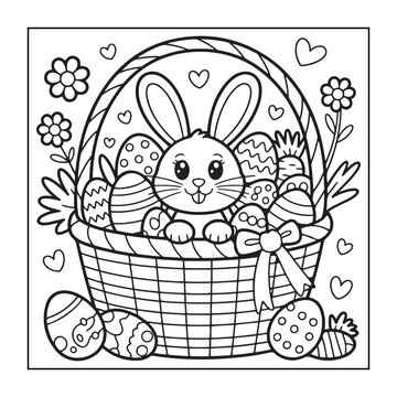 Happy Easter! Black and white coloring pages for teens, adults, and kids featuring Easter elements.
