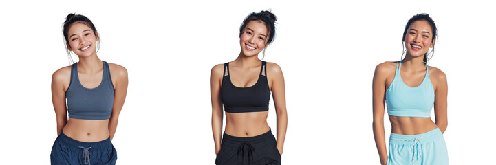 Set of Close-up studio photo of woman&rsquo;s torso in sports bra, flat abdomen on transparent png background. Ai generated
