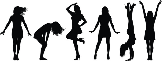 Women in short dresses silhouettes set, black silhouette of female figures in various active, dancing, and posing positions for fashion, party, and lifestyle vector illustration content.