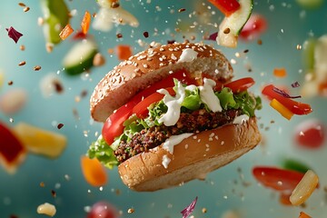 A loaded veggie burger soaring through the air, colorful veggies and creamy dressing scattering 