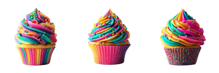 Set of Cute animated cupcake with glossy frosting and rainbow sprinkles, playful bakery scene concept, high-quality digital illustration, colorful on transparent png background. Ai generated