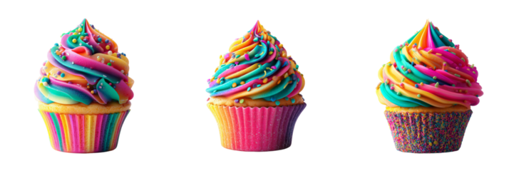 Set of Cute animated cupcake with glossy frosting and rainbow sprinkles, playful bakery scene concept, high-quality digital illustration, colorful on transparent png background. Ai generated