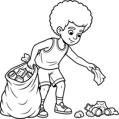 Fototapeta premium Cartoon Child Collecting Trash and Recycling Cans – Environmental Awareness Vector for Clean Earth, Eco‑Friendly Action, and Community Service Illustration