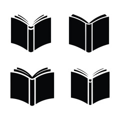 Four black icons of open books in isometric view