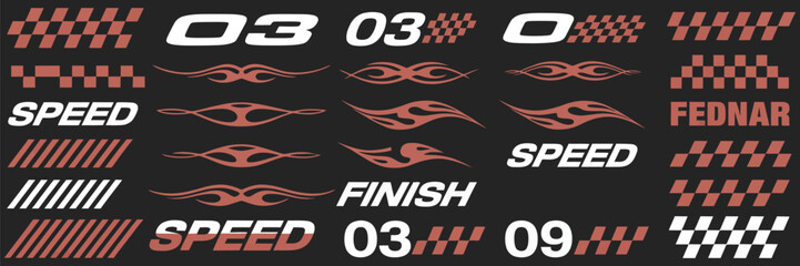 Racing Sport Vector Elements with Car Decals, Checkered Flags, Speed Stripes and Flame Graphics © 弗莱彻