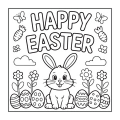 Happy Easter! Black and white coloring pages for teens, adults, and kids featuring Easter elements.