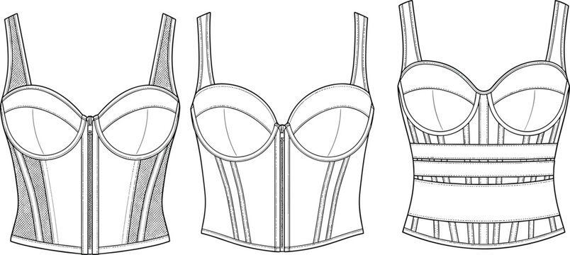 Women's corset bustier top vector illustration, technical flat sketch, front zipper lingerie, underwire cup bodice, fashion design template, strappy crop top, clothing mockup.