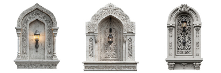 Set of Elegant Islamic gateway with carved arches and domed roof on transparent png background. Ai generated