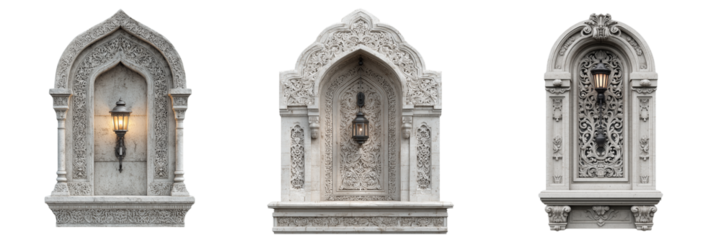 Set of Elegant Islamic gateway with carved arches and domed roof on transparent png background. Ai generated