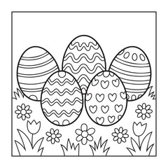 Happy Easter! Black and white coloring pages for teens, adults, and kids featuring Easter elements.