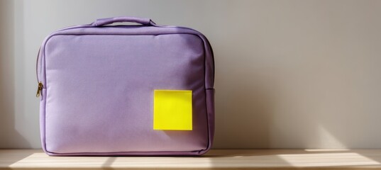Purple laptop sleeve with sticky note on beige tabletop, lab research scene