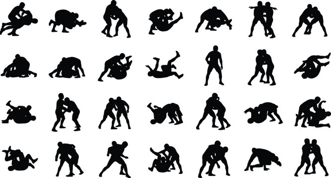 Wrestling silhouettes set, black silhouette of fighting wrestlers in action poses, judo and grappling sport figures in various fight positions for vector illustration content.