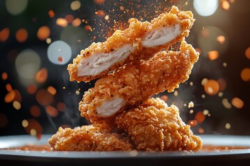 A platter of crispy fried chicken tenders flying apart, hot sauce and seasoning swirling 