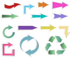 Set of multicolored arrows in various directions and styles, including curved, straight, and recycling symbol, ideal for UI or infographics.