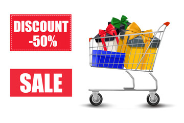 Realistic shopping cart filled with colorful gift boxes and sale signs promoting a 50 discount for seasonal retail marketing.