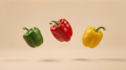 Three bell peppers falling in mid-air, one green, one red, one yellow, against a plain, empty background, highly detailed, realistic lighting and shadows, isolated on neutral background