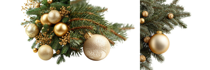 Set of Glittery golden Christmas ball on transparent png background. Ai generated