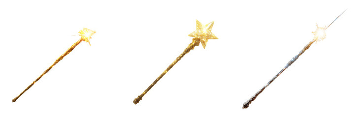 Set of Golden star magic wand isolated on white background, real photo, stock photography, studio setup on transparent png background. Ai generated