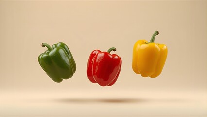 Three bell peppers falling in mid-air, one green, one red, one yellow, against a plain, empty background, highly detailed, realistic lighting and shadows, isolated on neutral background