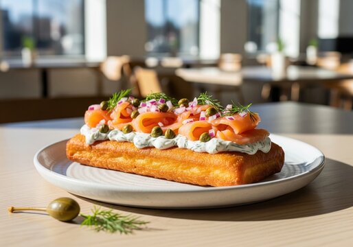 Fried bannock bread with smoked salmon cream cheese and capers on white plate in sunny cafe
