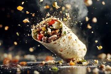 A shawarma wrap bursting mid-air, with tahini and crunchy pickles scattering outward 