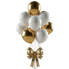 A bunch of white and gold balloons with a bow isolated on transparent background