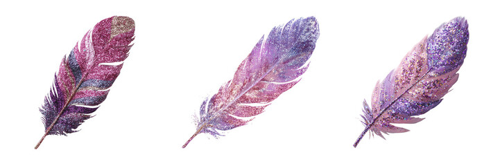 Set of Hand-painted watercolor feathers in soft pink, violet, and purple, minimal white background, delicate details and gradients on transparent png background. Ai generated