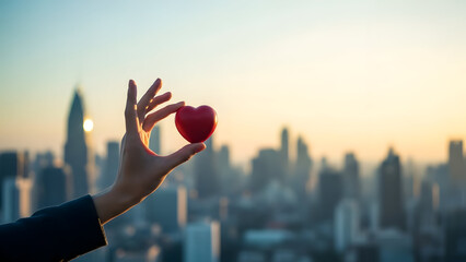 Hand holding a heart shaped object with cityscape background at sunset