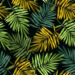 Seamless pattern Illustration featuring hand-drawn watercolor palm leaves in shades of green and yellow on black background