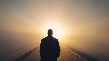 Close-up of a man, seen from behind, walking along a path toward the horizon, where a radial gradient of light invites closer approach. High-quality image. Concept: Finding oneself