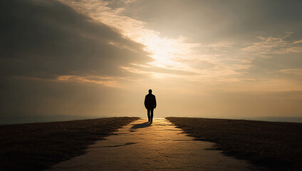 Close-up of a man, seen from behind, walking along a path toward the horizon, where a radial gradient of light invites closer approach. High-quality image. Concept: Finding oneself