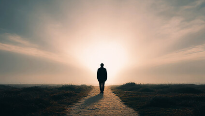 Close-up of a man, seen from behind, walking along a path toward the horizon, where a radial gradient of light invites closer approach. High-quality image. Concept: Finding oneself