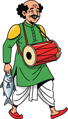 Cartoon Indian man holding fish, playing drum, wearing traditional outfit, cultural character, flat vector illustration, village folk concept clipart