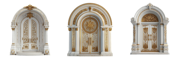 Set of Majestic white palace entrance with golden accents, elegantly framed against a bright and soft sky on transparent png background. Ai generated