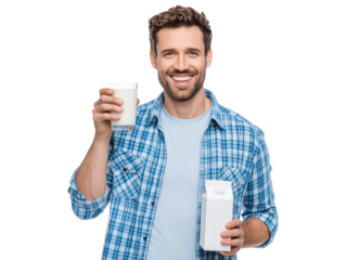 Man holding milk glass and carton isolated on transparent or white background, png