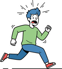 Cartoon man running in panic, flat vector illustration, scared character, emergency escape, comic style, isolated, white background, cad drawing